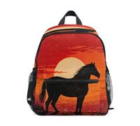 linqin Mochila Black Horse Silhouette at Sunset para niños, arnés de viaje con correa, bolsa de libros con etiqueta de nombre para niños de 5 a 8 años, mochilas escolares para ni?os de 5 a?os