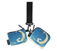 linqin Monedero doble con diseño de conejito y luna, color azul, para tarjetas de crédito, protector de tarjetas de identidad con correa de muñeca para el trabajo, viajes, 2 paquetes, Bunny and Moon