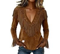 LinRim Camisas occidentales ligeras de manga larga para mujer, camisa de flecos de ante sintético de los años 60, 70, hippie, ropa para carnaval, carnaval, Halloween, festival, fiesta temática, marrón