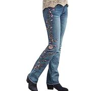 LinRim Pantalones vaqueros de cintura media con bordado floral para mujer, cintura alta, con bolsillos, pantalones vaqueros acampanados con flores bordadas, azul, M