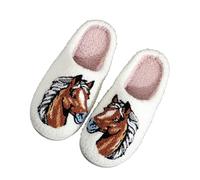 LinRim Pantuflas con bordado fuerte de cabeza de caballo para mujer y hombre, de felpa suave, retro, pantuflas cómodas, cálidas, pantuflas para el hogar, pantuflas modernas para interiores y