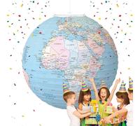 Linterna de mapa del mundo - Linterna de globo geográfico de papel, de globo geográfico azul, marco de alambre de metal + soporte de gancho para colgar, carcasa de papel ligero - para niños que