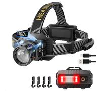 Linterna frontal LED recargable, 80.000 lm, muy brillante, con luz roja y modo de sensor, 9 modos de luz, IP65 resistente al agua, enfoque ajustable de 90°, para correr, camping, senderismo, pesca
