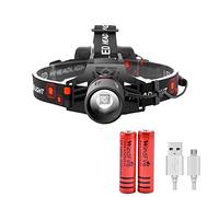 Linterna Frontal LED Recargable, Superbrillante 8000 LM, Luz Blanca y Roja Zoom 4 Modos de Iluminación Linterna Cabeza con 2 Baterías y Cable USB, para Camping, Senderismo, Ciclismo, Astronomía