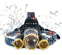 Linterna frontal resistente al agua de 10000 lúmenes, 3 LED, XML T6, potente faro LED, linterna recargable para camping, senderismo, al aire libre (dorado)