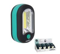 Linterna LED COB portátil con gancho e imán, 200 lm, dimensiones 9,5x6x3,5 cm, alimentada por 3 pilas AAA, ideal para camping y emergencias.