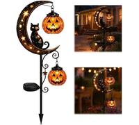 Linterna solar de Halloween con diseño de gato negro y calabaza y luna | Gato negro solar impermeable en luna creciente con linterna de calabaza colgante, linterna Jack-o'-Lantern