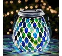 Linterna solar de mosaico de cristal azul colgante linterna solar IP44 impermeable luces al aire libre con cuerda para jardín, patio, mesa, patio, porche 4.3 x 10.2 pulgadas