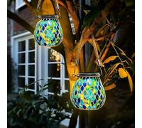 Linterna solar de mosaico para exteriores, luz de proyección colgante con mango de cuerda, forma de vidrio, lámpara decorativa de jardín para patio, patio, césped (blue, 2pcs)
