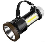 Linterna solar recargable con batería de 2000 mAh, luz LED de camping con luces laterales blancas y cálidas, linterna de largo alcance de 500 m con señales de seguridad rojo-azul y salida USB para