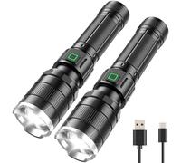 Linternas LED Alta Potencia 2 Piezas, 10000 Lúmenes Linterna Recargable Super Potente con 3 Modos, Impermeable IP65 ,Enfoque Ajustable Linterna Tactica Policial Largo Alcance para Camping, Emergência