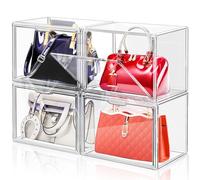 LINYAPRY Paquete de 4 cajas de almacenamiento apilables transparentes, vitrina acrílica para bolso y bolso, cajas de almacenamiento con puerta magnética para cartera, juguetes, sombreros