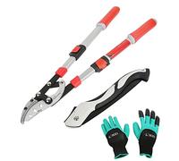 LINZI Tijeras de Podar Telescópicas Lopper Mango de Aluminio 695-1025 mm + Sierra de Podar Plegable 250mm + Guantes de Jardín, Juego de Tijeras de Jardín