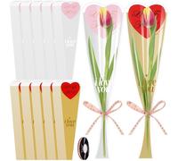 Liobelon 100 bolsas de envoltura de flores con estampado de rosas individuales con cintas de 40 yardas para el día de San Valentín, boda, cumpleaños, marrón y transparente