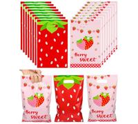 Liobelon 50 bolsas de celofán de fresa de 10 x 6.3 pulgadas, decoración de fiesta de color rojo y rosa, bolsas de dulces para cumpleaños, bodas, fiestas de frutas