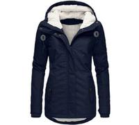 LIOEUE Abrigo Anorak Mujer Invierno Con Capucha Y Cuello De Falso Piel, Chaqueta Acolchada Manga Larga, Longitud Media (Azul marino (capitán),M)