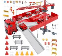LioMaxi Camión Bomberos para Niños, Vehículos de Obra, Vehículo de Juguete de Transporte con Música y Luces, 6 Mini Camiones de Bomberos, Juguete de la Grúa