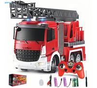 LioMaxi Escala 1:24 teledirigida juguete camión bomberos, con bomba pulverizadora de agua, camión bombero teledirigido con escalera extensible y luces, escalera giratoria manual, recargable, rojo