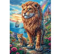 Lion Avec Son Petit au Bord de la mer Puzzle 300 Piezas Cartón Resistente para Toda La Familia Mitos Cuento de Hadas Diversión Familia Mejora Concentración Calidad Profesional Regalo Pensado 300 PCS