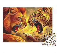 Lion Vs Leopard Fight 1000 Piezas Rompecabezas Difícil para Adultos León y Leopardo Feroz Enfrentamiento Rugiente Premium Resistente Vibrante Alivio Estrés Juego 52x38cm/1000pcs