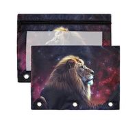 Lion Watching on The Grassland Under The Starry Sky at Night - Estuche para lápices de 3 anillos, paquete de 2 estuches de plástico reciclado transparente impermeable con cremallera y accesorios de papelería