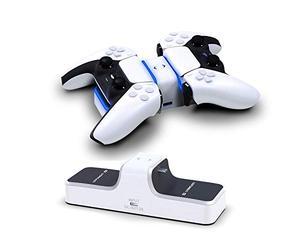Lioncast Cargador de Mandos PS5 - Base de Carga Doble Compatible con Mandos DualSense de la Consola PlayStation 5 Sony - Luces LED Rojo y Azul, Puerto de Carga USB Adicional para Accesorios de Juegos