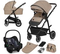 LIONELO BIANKA Cochecito de Bebé 3 en 1 (22 kg) Portabebés (9 kg) Silla de Coche (13 kg), Plegable, Sistema de Viaje Respaldo Ajustable Ruedas 360o Amortiguación, Capota XXL, Carrito de Bebe (Beige)