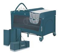 LIONELO Flower Camita de viaje 4 en 1 Para niños hasta 15 kg Colchón Organizador Cambiador Toy bar Juguetes interactivos 2 Reudas Compacta Bolsa para transportar Rosa y Gris