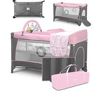 lionelo Flower Camita de Viaje 4 en 1 para niños hasta 15 kg Colchón Organizador Cambiador Toy Bar Juguetes interactivos 2 Reudas Compacta Bolsa para Transportar Rosa y Gris