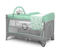 lionelo Flower Camita de Viaje 4 en 1 para niños hasta 15 kg Colchón Organizador Cambiador Toy Bar Juguetes interactivos 2 Reudas Compacta Bolsa para Transportar Turquesa y Gris