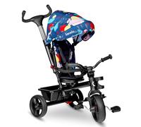 LIONELO Haari Triciclo Evolutivo para Niños, Bicicleta Bebe 4 en 1, Menores hasta 25 kg, 1,5-5 años, Carrito Cesta espaciosa, Bolsa y portavasos, Cinturones de 3 Puntos, Toldo Azul Oscuro