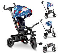 LIONELO Haari Triciclo Evolutivo para Niños, Bicicleta Bebe 4 en 1, Menores hasta 25 kg, 1,5-5 años, Carrito Cesta espaciosa, Bolsa y portavasos, Cinturones de 3 Puntos, Toldo Azul Oscuro