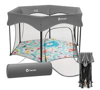 LIONELO Parque Infantil Bebe Roel Plus hasta 15 kg, 6-36 meses Entrada lateral con Cremallera, Laterales de Malla Transpirable, Bolsa de Transporte, Seguridad LockGuard, Fácil Plegado