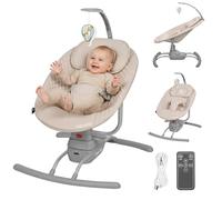 LIONELO Rio - Balancín eléctrico para niños de hasta 9 kg, respaldo ajustable, balancín de 3 velocidades, cinturones de seguridad con cojín, melodías y sonidos de la naturaleza, arco con juguete,