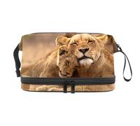 Lioness and Cub - Bolsa de cosméticos de doble capa para mujeres y niñas, neceser de viaje, bolsa organizadora de maquillaje con compartimento para cepillos, multicolor, 27x15x14 cm/10.6x5.9x5.5 in,