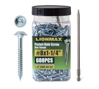 LIONMAX Tornillos de agujero de bolsillo, rosca fina #8 x 1-1/4 pulgadas, 600 tornillos de madera de bolsillo, cabeza de arandela, unidad cuadrada, para agujero de bolsillo de madera dura, chapado en zinc, broca de transmisión de 150 mm incluida
