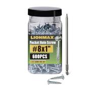 LIONMAX Tornillos de bolsillo #8 x 1 pulgada, tornillos de madera de rosca gruesa, 600 unidades, tornillos cuadrados de cabeza de arandela para agujero de bolsillo, autorroscantes, chapados en zinc,