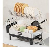 LIONONLY Escurridor de Platos 2 Niveles,Acero Inoxidable Escurreplatos con Bandejas de Goteo, Soporte de Cubiertos,Estante de Tazas und Puerta de Boquilla Giratoria,Escurreplatos sobre Fregader