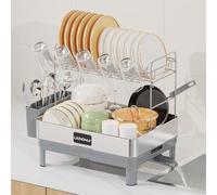 LIONONLY Escurridor de Platos 2 Niveles,Acero Inoxidable Escurreplatos con Bandejas de Goteo, Soporte de Cubiertos,Estante de Tazas und Puerta de Boquilla Giratoria,Escurreplatos sobre Fregader