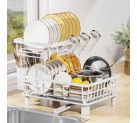 LIONONLY Escurridor de Platos,2 Niveles Estante de Secado de Platos con Bandejas de Goteo, Soporte de Cubiertos,Estante de Tazas und Puerta de Boquilla Giratoria,Escurreplatos sobre Fregadero