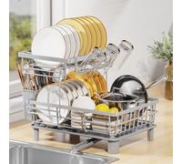 LIONONLY Escurridor de Platos,2 Niveles Estante de Secado de Platos con Bandejas de Goteo, Soporte de Cubiertos,Estante de Tazas und Puerta de Boquilla Giratoria,Escurreplatos sobre Fregadero