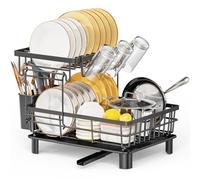 LIONONLY Escurridor de Platos,2 Niveles Estante de Secado de Platos con Bandejas de Goteo, Soporte de Cubiertos,Estante de Tazas und Puerta de Boquilla Giratoria,Escurreplatos sobre Fregadero