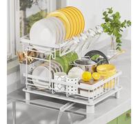 LIONONLY Escurridor de Platos,2 Niveles Gran Estante de Secado de Platos con Bandejas de Goteo, Soporte de Cubiertos,Estante de Tazas und Puerta de Boquilla Giratoria,Escurreplatos sobre Fregadero