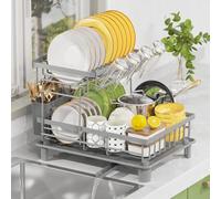 LIONONLY Escurridor de Platos,2 Niveles Gran Estante de Secado de Platos con Bandejas de Goteo, Soporte de Cubiertos,Estante de Tazas und Puerta de Boquilla Giratoria,Escurreplatos sobre Fregadero