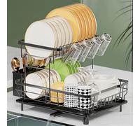 LIONONLY Escurridor de Platos,2 Niveles Gran Estante de Secado de Platos con Bandejas de Goteo, Soporte de Cubiertos,Estante de Tazas und Puerta de Boquilla Giratoria,Escurreplatos sobre Fregadero