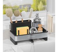 LIONONLY Organizador de fregadero de cocina, soporte de esponja de acero inoxidable con bandeja de desagüe, soporte para cepillo extraíble y toallero, organizador de cocina para encimera
