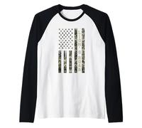 Lion's Roar Patriotic American Flag Camo Distressed Camiseta Manga Raglan