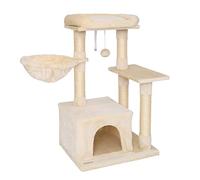 lionto Árbol rascador con Cueva, Cama y Hamaca, 85 cm, Beige | Árbol compacto con hamaca, pelota, cueva y plataforma para trepar, jugar, esconderse, descansar y arañar