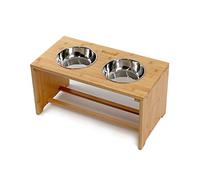 lionto Comedero para Perros Elevado comedero para Perros Barra de Comida de bambú para Mascotas 2 Cuencos de Acero Inoxidable Antideslizante, (L) 50x26x26 cm