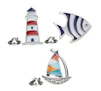 LIOOBO Juego de 3 Pins de Aleación Diseño Marinero Pez Tropical, Faro y Barco de Vela, Accesorios Náuticos para Chaquetas, Mochilas y Celebraciones